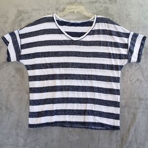 Chicos Sz 2 / Lg‎ Striped V Neck Linen Blend Tee Top Nautical White Blue Sparkle